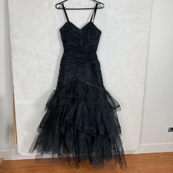 Victor Costa Black Glitter Polka Dot Ruched Tulle Ruffle Mermaid Gown Dress SZ 4 - Picture 2 of 13